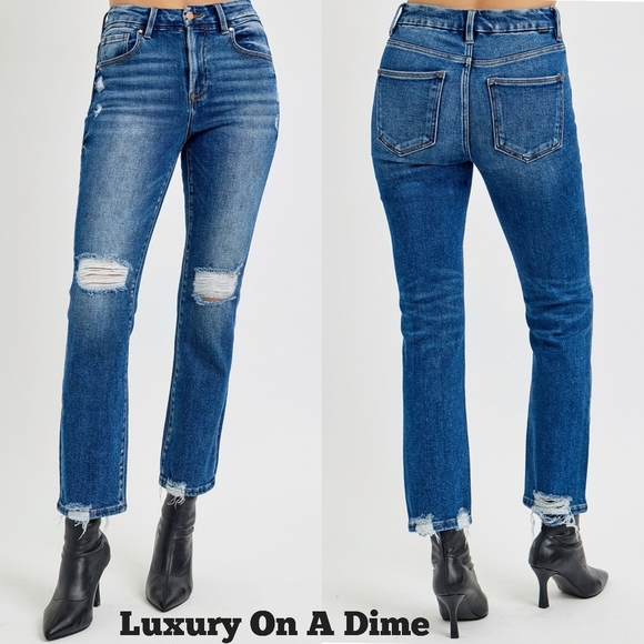 RISEN Distressed High-Rise Waist Slim Fit Jeans Ripped Cropped